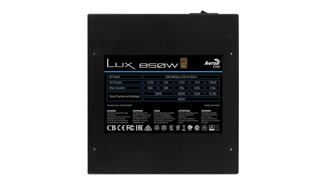 Zdjęcie produktu: Aerocool PGS LUX 850W 80Plus Bronze