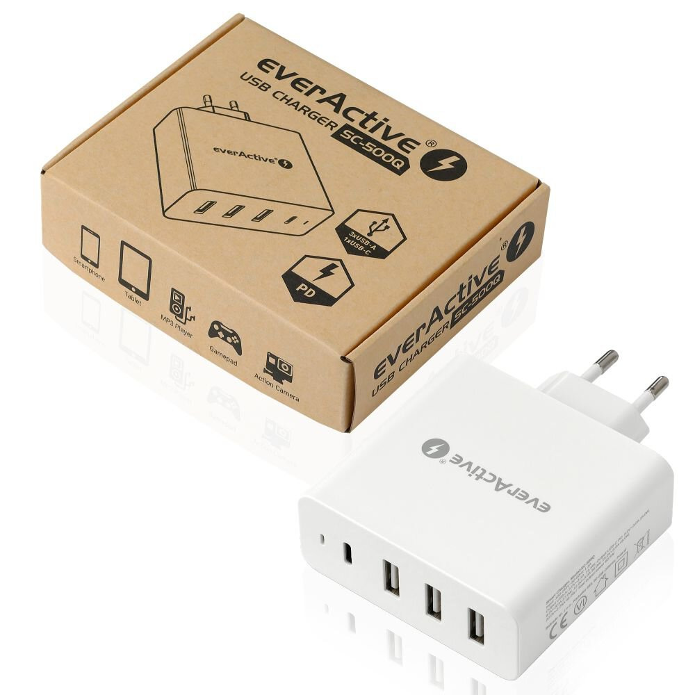 Ładowarka sieciowa everActive 3xUSB oraz USB TYP-C PD 60.5W (SC-500Q)