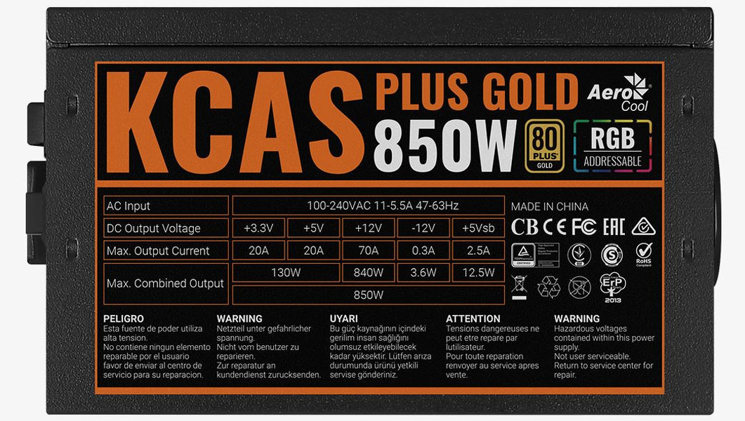 Zdjęcie produktu: Aerocool KCAS PLUS 850W 80Plus Gold RGB
