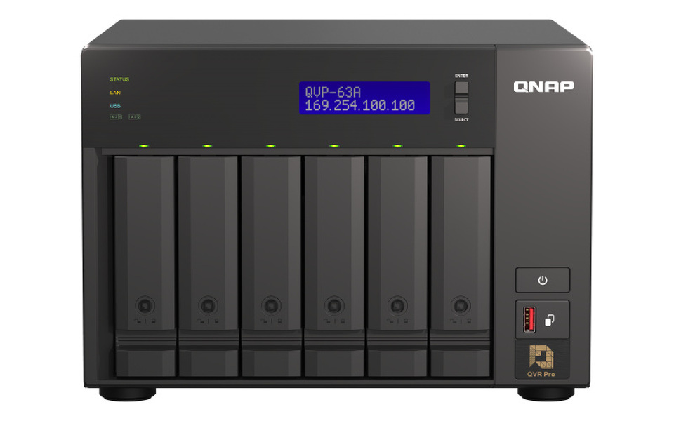 Zdjęcie produktu: Serwer NVR QNAP QVP-63A 6-Bay, 4-rdzeniowy Intel Core i3-8100T 3,1 GHz, 16 GB DDR4 RAM, 5x USB 3.2, 2x 1GbE LAN, HDMI 2.0, 2x M.2 2280, 2x PCIe