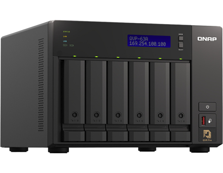 Zdjęcie produktu: Serwer NVR QNAP QVP-63A 6-Bay, 4-rdzeniowy Intel Core i3-8100T 3,1 GHz, 16 GB DDR4 RAM, 5x USB 3.2, 2x 1GbE LAN, HDMI 2.0, 2x M.2 2280, 2x PCIe