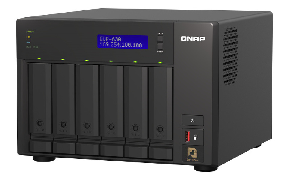 Zdjęcie produktu: Serwer NVR QNAP QVP-63A 6-Bay, 4-rdzeniowy Intel Core i3-8100T 3,1 GHz, 16 GB DDR4 RAM, 5x USB 3.2, 2x 1GbE LAN, HDMI 2.0, 2x M.2 2280, 2x PCIe