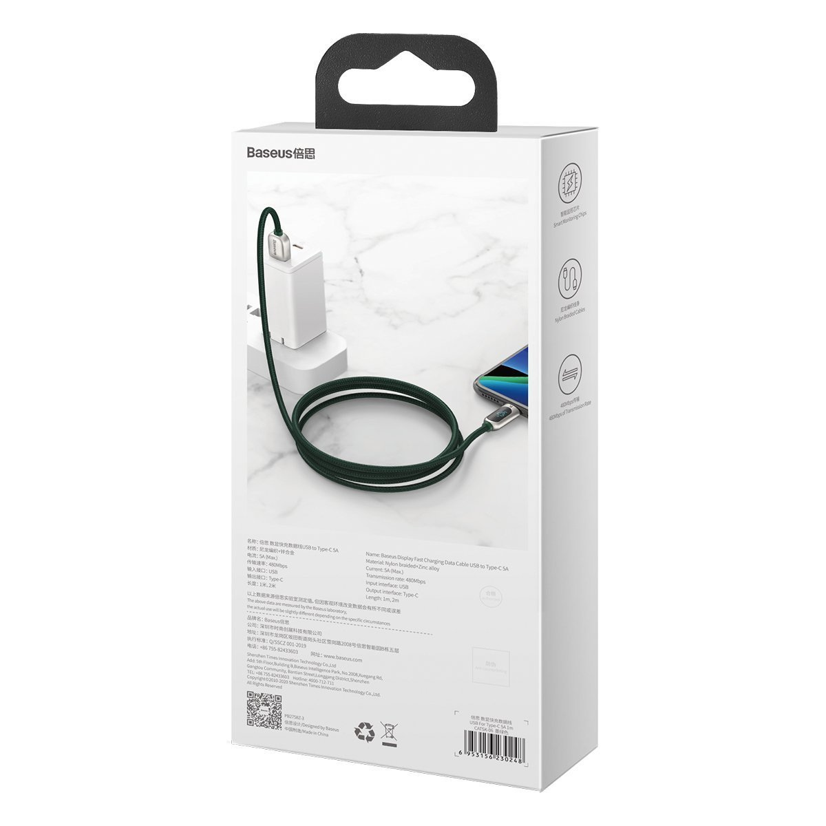 Kabel przewód USB Typ-C 100cm Baseus Display LCD Quick Charge 5A z obsługą szybkiego ładowania - zielony (CATSK-06)