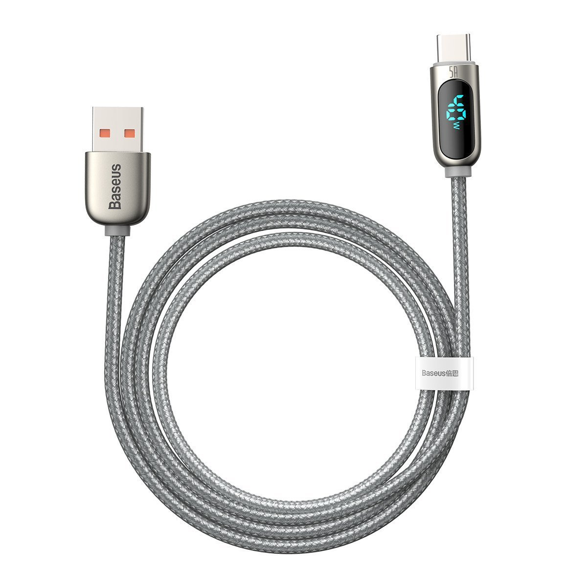 Kabel przewód USB Typ-C 100cm Baseus Display LCD Quick Charge 5A z obsługą szybkiego ładowania - srebrny (CATSK-0S)