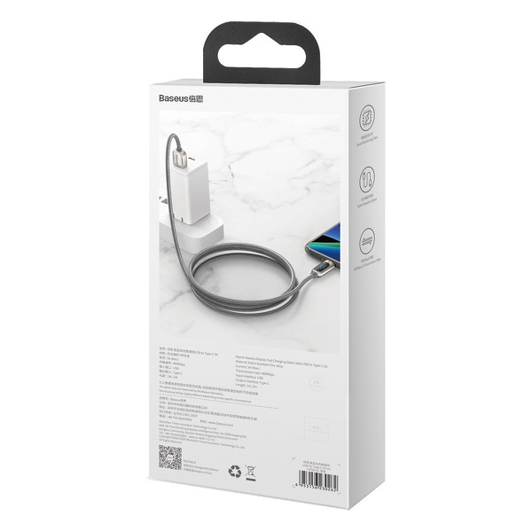Zdjęcie produktu: Kabel przewód USB Typ-C 100cm Baseus Display LCD Quick Charge 5A z obsługą szybkiego ładowania - srebrny (CATSK-0S)