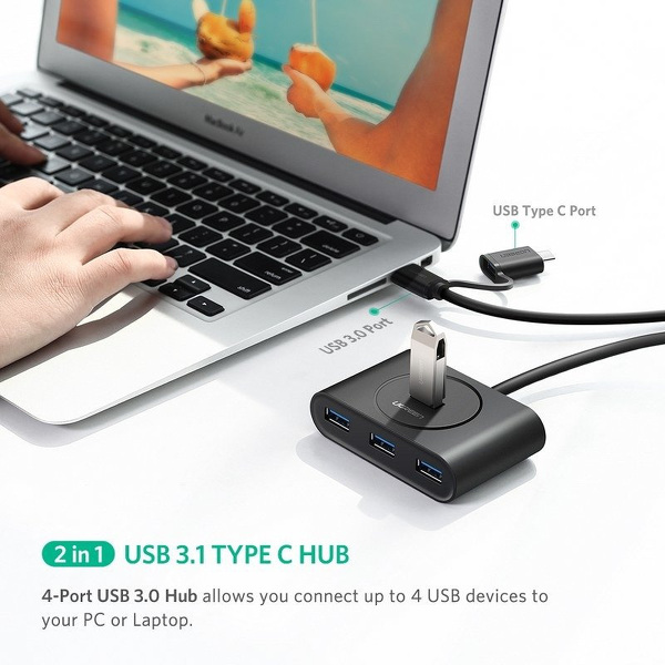 Zdjęcie produktu: Hub USB 3.0 4x + USB TYP-C OTG UGREEN 1m (40850)