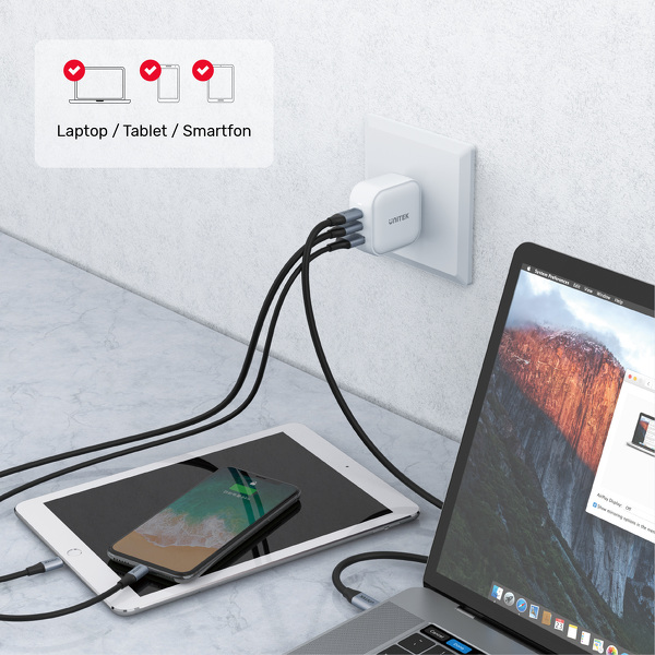 Zdjęcie produktu: Ładowarka sieciowa Unitek GaN 1x USB, 2x USB TYP-C PD 66W QC 3.0 - biała (P1108AWH)