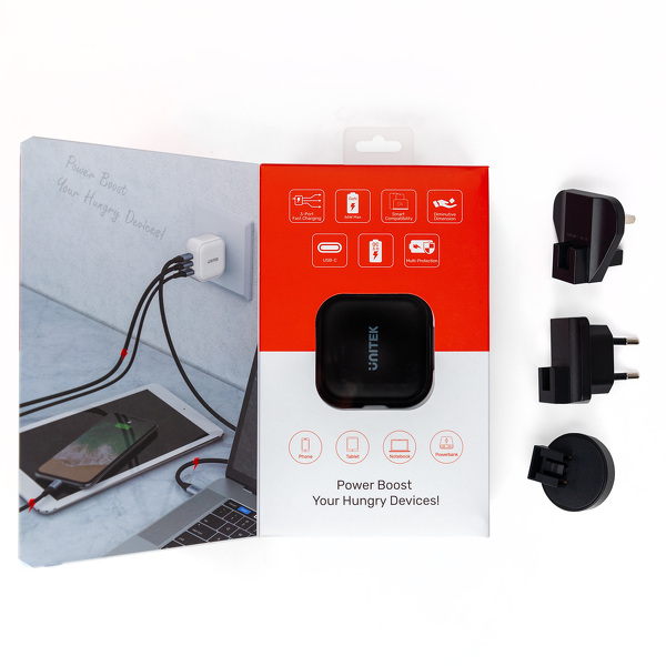 Zdjęcie produktu: Ładowarka sieciowa Unitek GaN 1x USB, 2x USB TYP-C PD 66W QC 3.0 - czarna (P1108ABK)