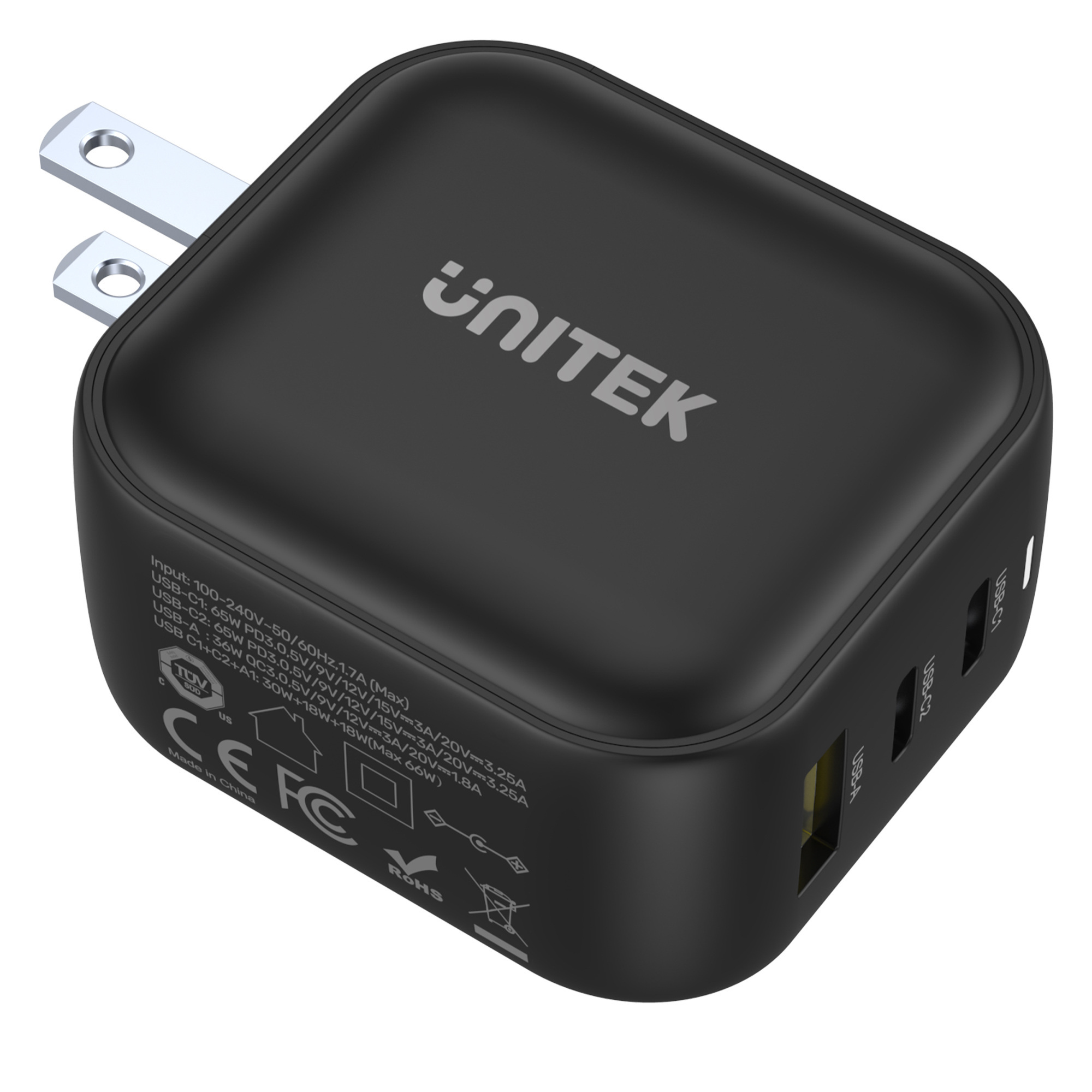 Ładowarka sieciowa Unitek GaN 1x USB, 2x USB TYP-C PD 66W QC 3.0 - czarna (P1108ABK)