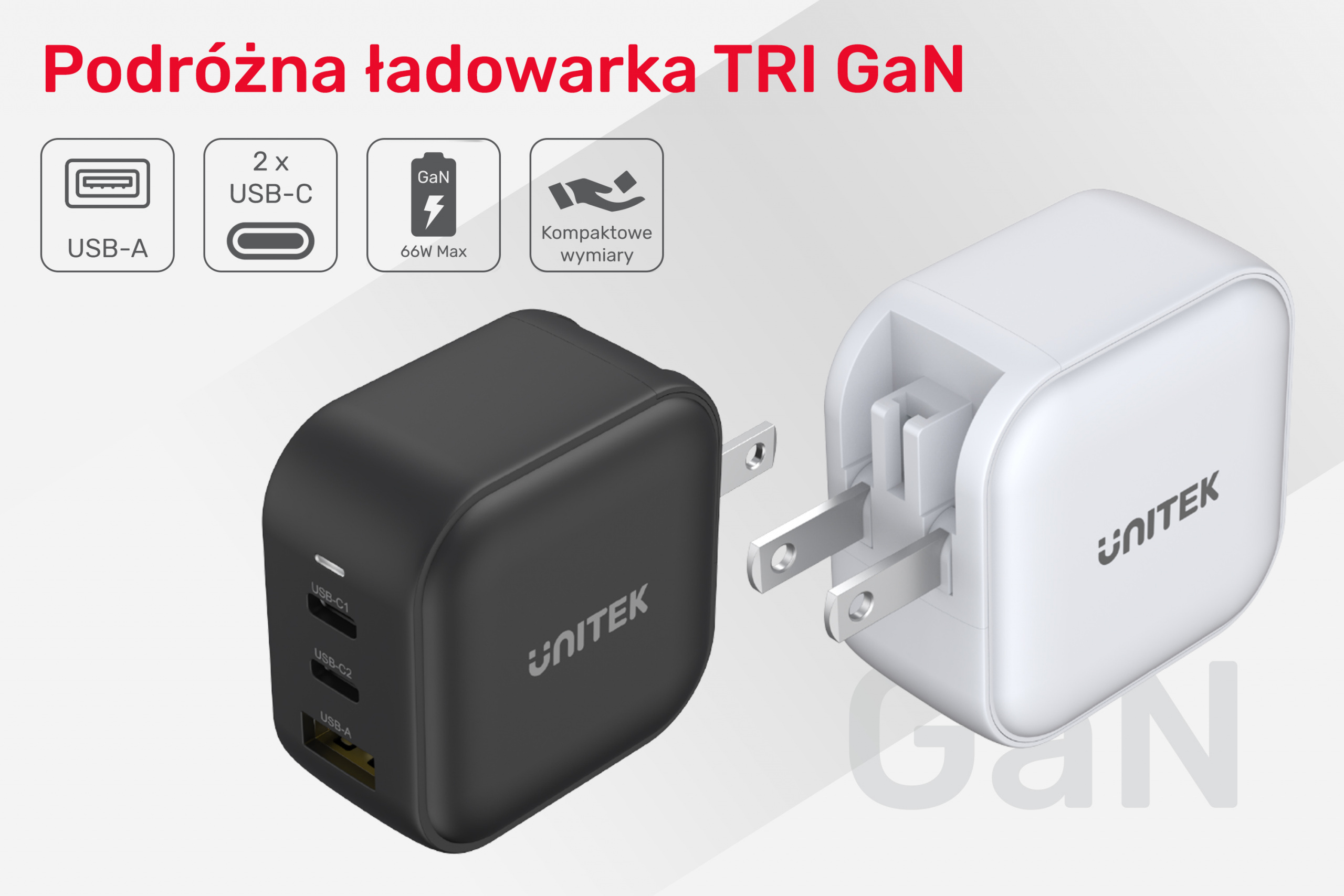 Ładowarka sieciowa Unitek GaN 1x USB, 2x USB TYP-C PD 66W QC 3.0 - czarna (P1108ABK)