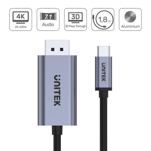 Zdjęcie produktu: Unitek Przewód USB Typ-C - DisplayPort 4K@60Hz kabel 1,8 m (V1409A)