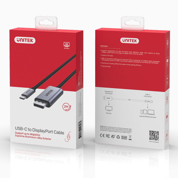 Zdjęcie produktu: Unitek Przewód USB Typ-C - DisplayPort 4K@60Hz kabel 1,8 m (V1409A)