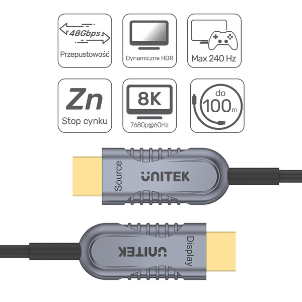 Zdjęcie produktu: Kabel HDMI 2.1 optyczny Unitek AOC 8K-60Hz, 4K-120Hz - 50m (C11033DGY) Zdjęcie produktu: Kabel HDMI 2.1 optyczny Unitek AOC 8K-60Hz, 4K-120Hz - 50m (C11033DGY)