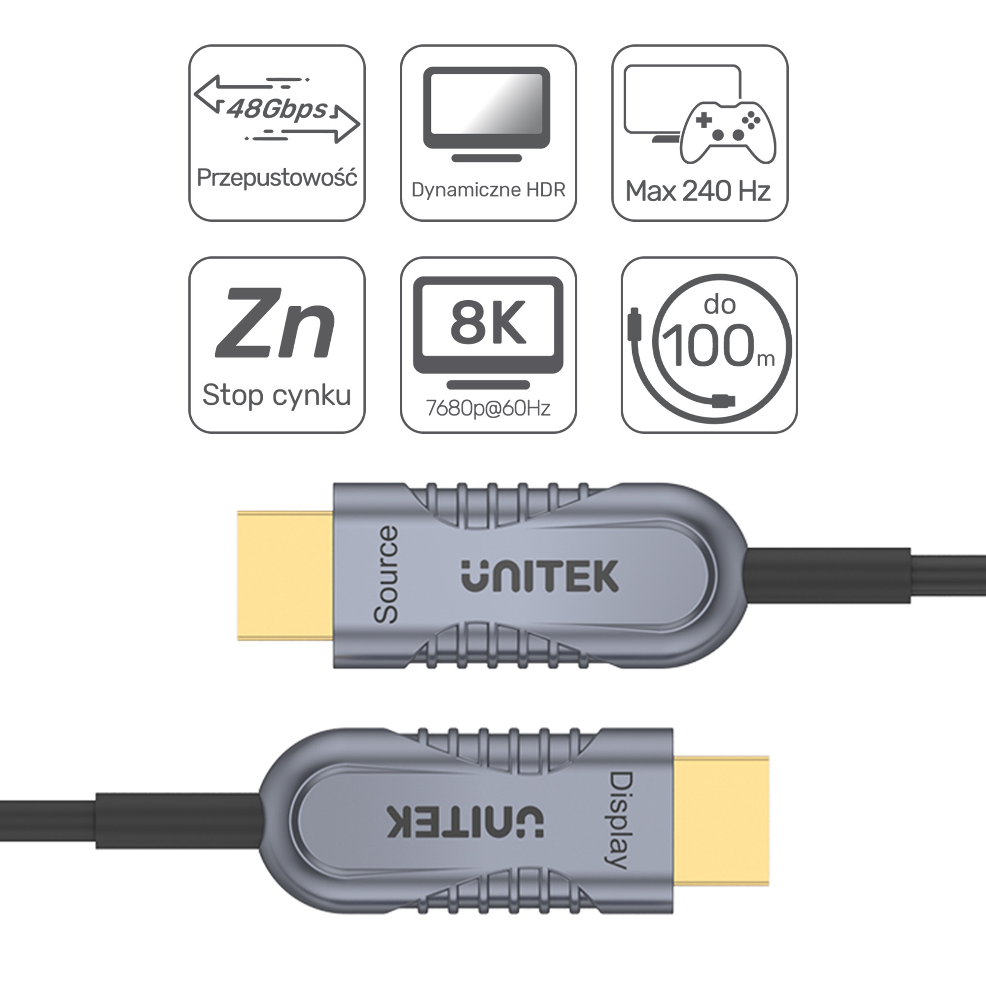 Kabel HDMI 2.1 optyczny Unitek AOC 8K-60Hz, 4K-120Hz - 70m (C11035DGY) Kabel HDMI 2.1 optyczny Unitek AOC 8K-60Hz, 4K-120Hz - 70m (C11035DGY)
