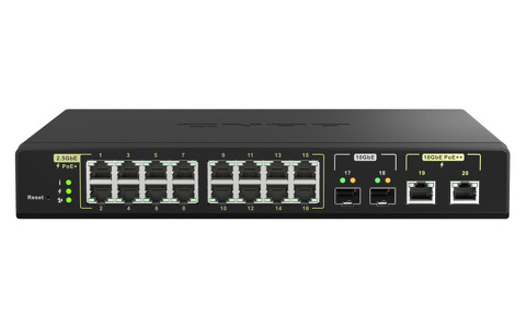 Miniatura produktu: Qnap QSW-M2116P-2T2S 20-portowy przełącznik 2x 10GbE SFP +, 2x 10GbE RJ45, 16x 2.5GbE RJ45,PoE (18 portów), 1 złącze RJ45 1GbE