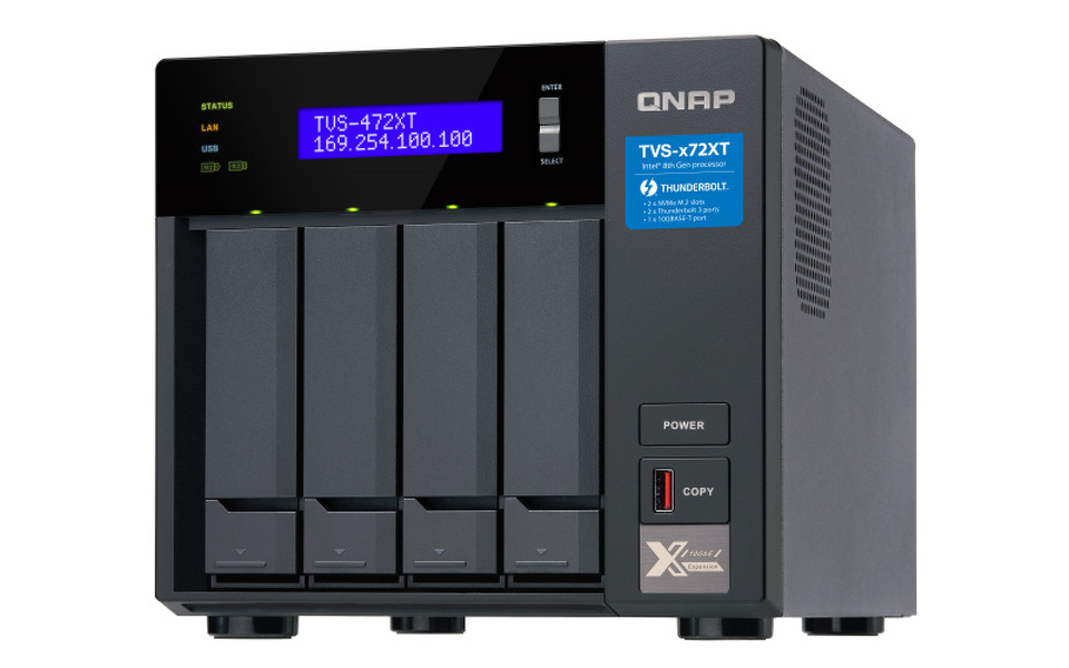 Zdjęcie produktu: Serwer plików QNAP TVS-472XT-i3-4G 4-bay, Intel Core i3-8100T 3,1 GHz, 4 GB DDR4, 1 x 10GBASE-T , 2x M.2 2280, 5x USB 3.2, HDMI 2.0, 2x Thunderbolt