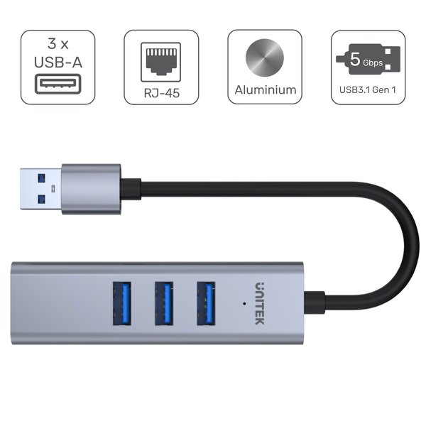 Zdjęcie produktu: Unitek HUB USB 3 x USB 3.1 5 Gbps + RJ45 Ethernet 10/100/1000 (H1906A) Zdjęcie produktu: Unitek HUB USB 3 x USB 3.1 5 Gbps + RJ45 Ethernet 10/100/1000 (H1906A)