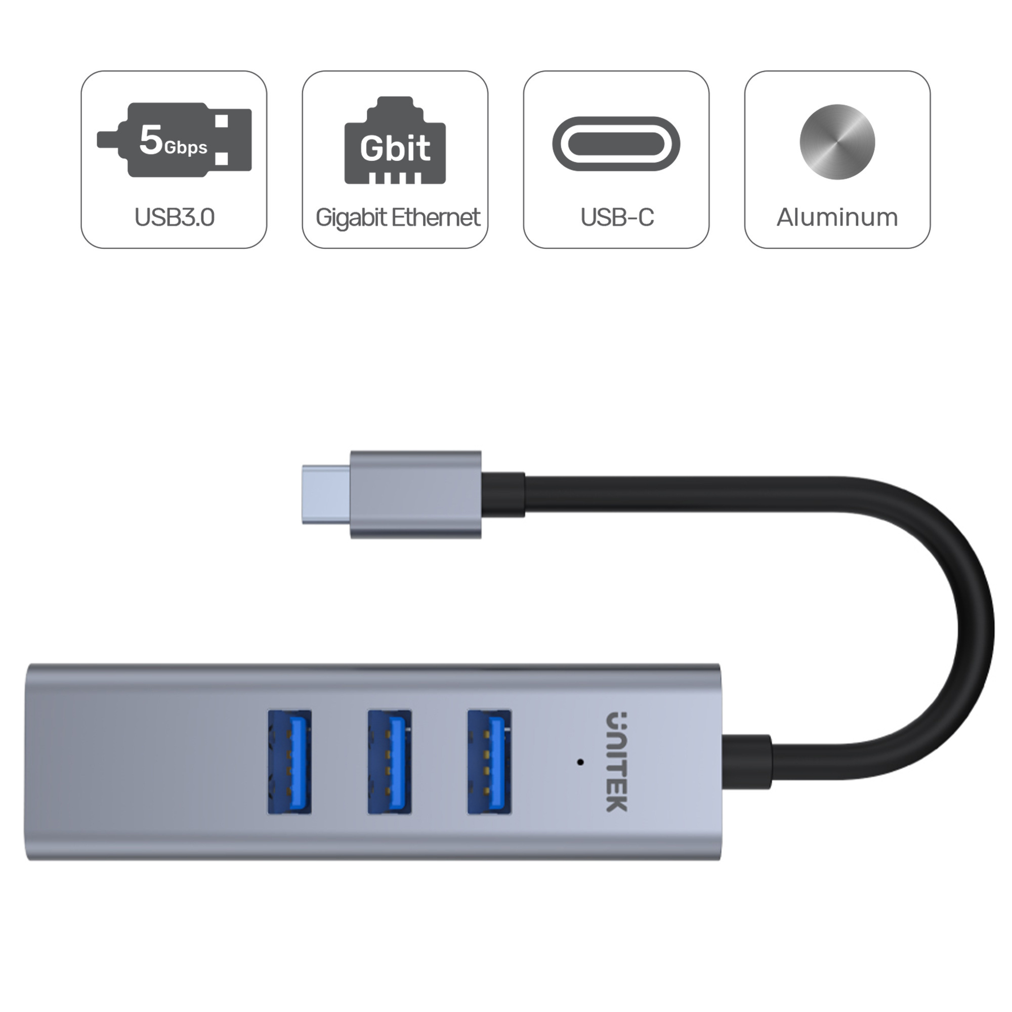 Unitek HUB USB TYP-C 3 x USB 3.1 5 Gbps + RJ45 Ethernet 10/100/1000 (H1904A) Unitek HUB USB TYP-C 3 x USB 3.1 5 Gbps + RJ45 Ethernet 10/100/1000 (H1904A)