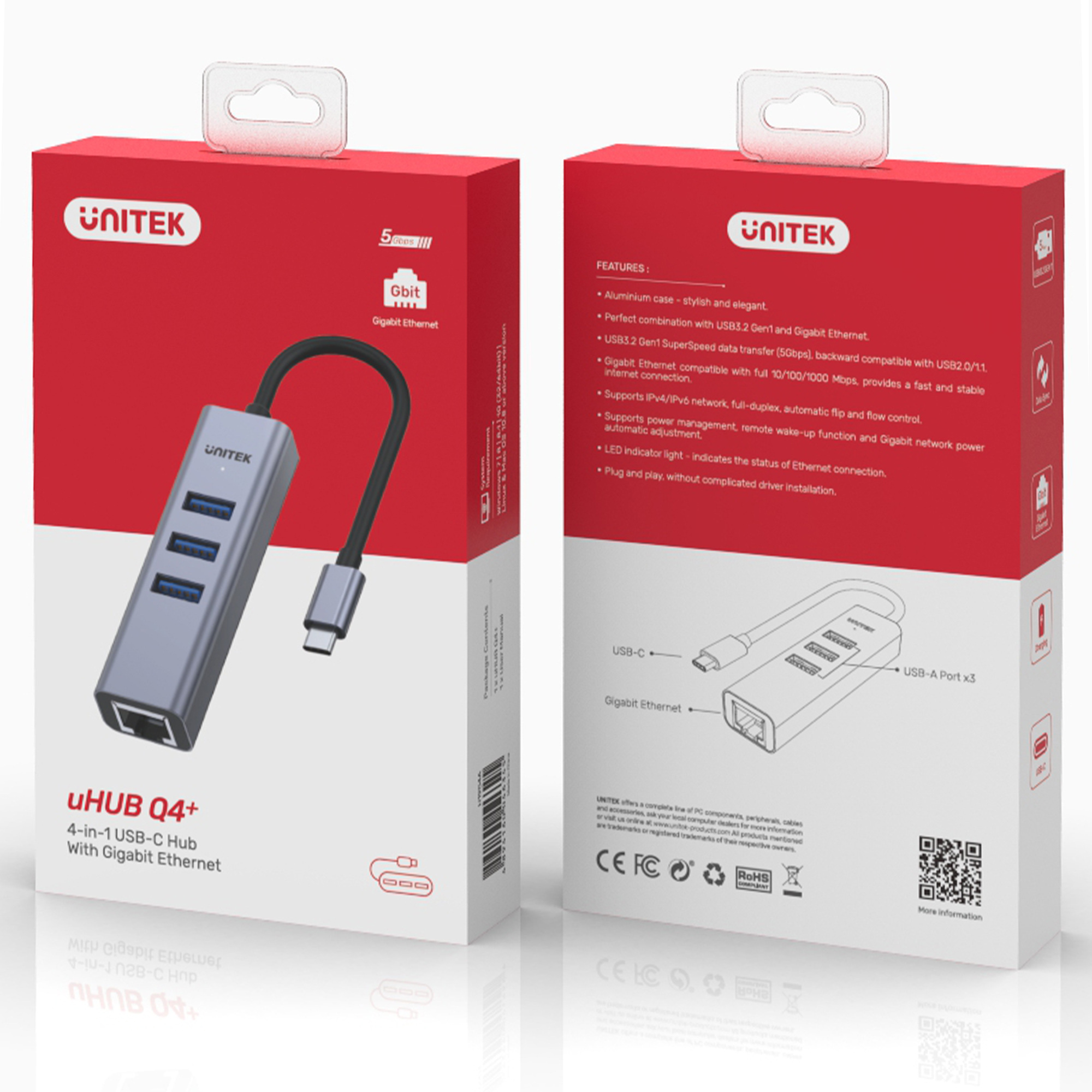 Unitek HUB USB TYP-C 3 x USB 3.1 5 Gbps + RJ45 Ethernet 10/100/1000 (H1904A) Unitek HUB USB TYP-C 3 x USB 3.1 5 Gbps + RJ45 Ethernet 10/100/1000 (H1904A)
