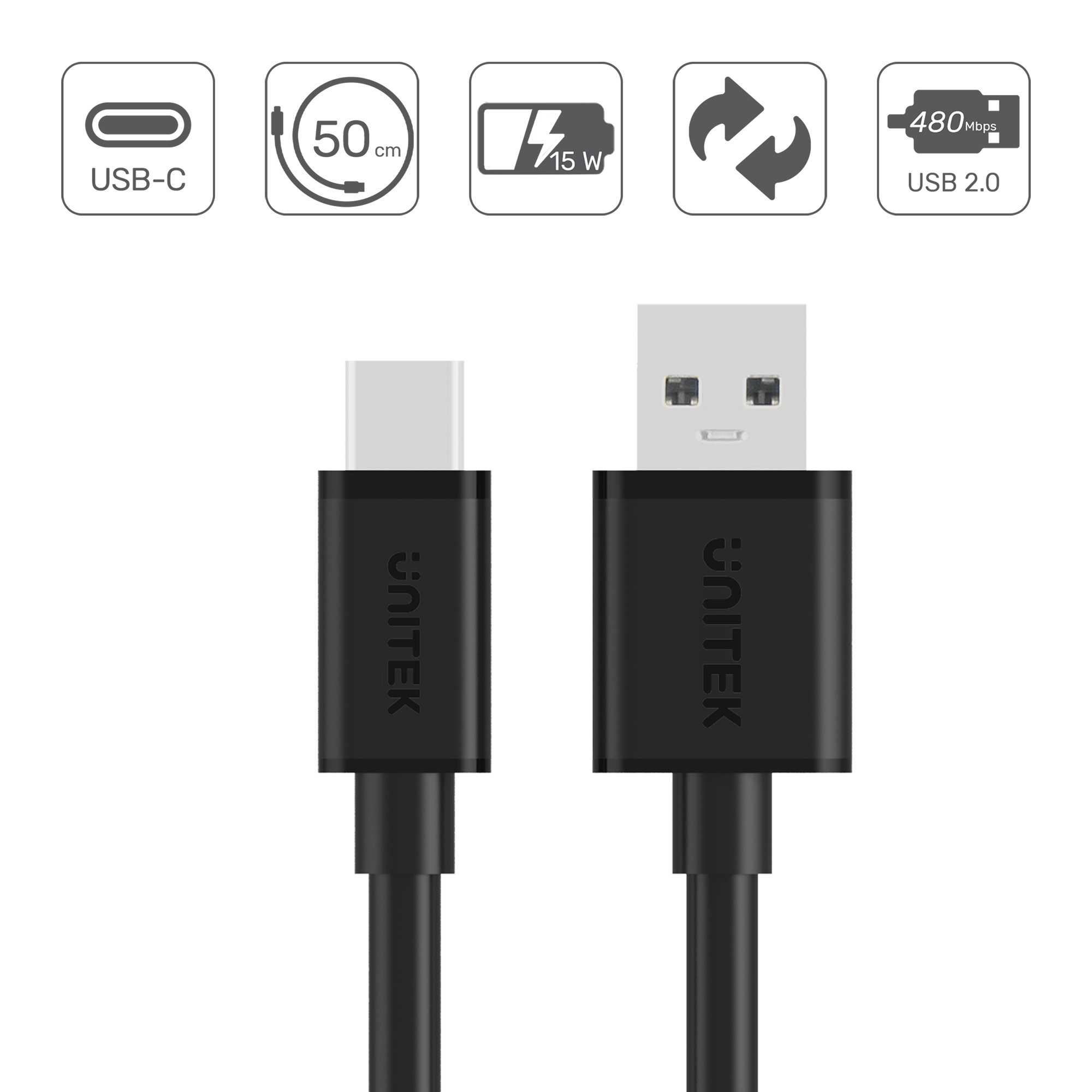 Przewód ładujący USB-A 2.0 do USB Typ-C Unitek 0.5m (Y-C481BK)