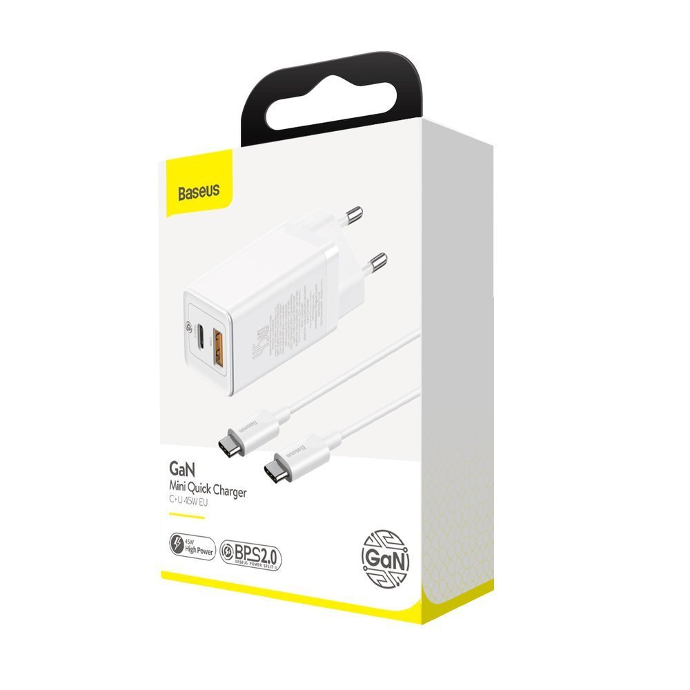 Ładowarka sieciowa Baseus GaN2 45W, USB / USB Typ-C Quick Charge 3.0 (azotek galu) biała (CCGAN-Q02)