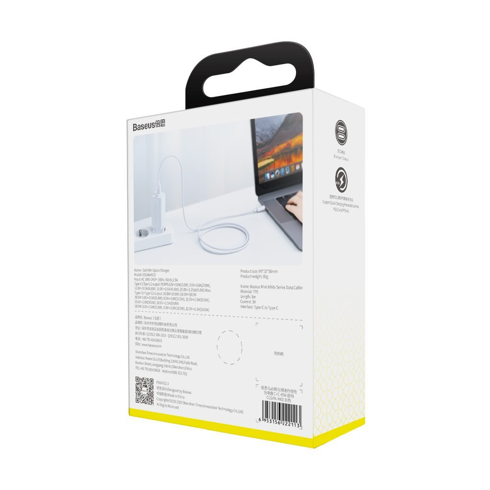 Ładowarka sieciowa Baseus GaN2 45W, USB / USB Typ-C Quick Charge 3.0 (azotek galu) biała (CCGAN-Q02)