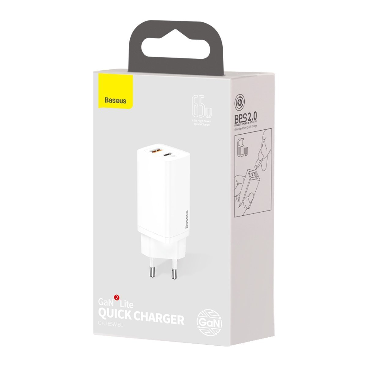 Ładowarka sieciowa Baseus GaN2 Lite 65W, USB / USB Typ-C Quick Charge 3.0 (azotek galu) biała (CCGAN2L-B02)