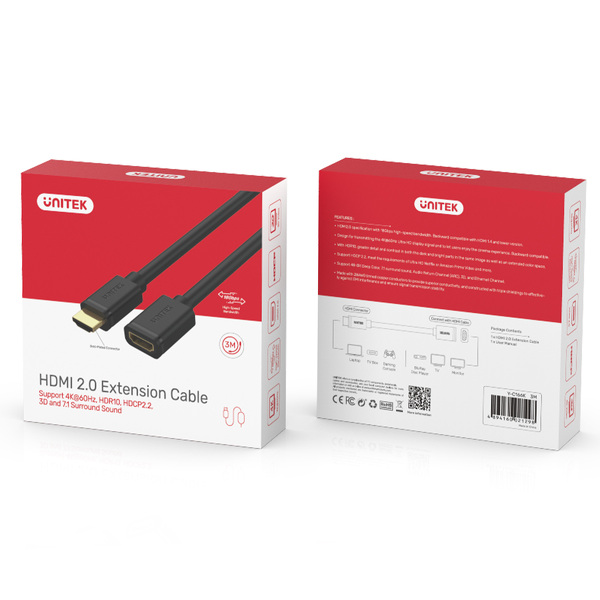 Zdjęcie produktu: Kabel przedłużacz HDMI męski do HDMI żeński 2.0 Unitek 3m - czarny (Y-C166K)