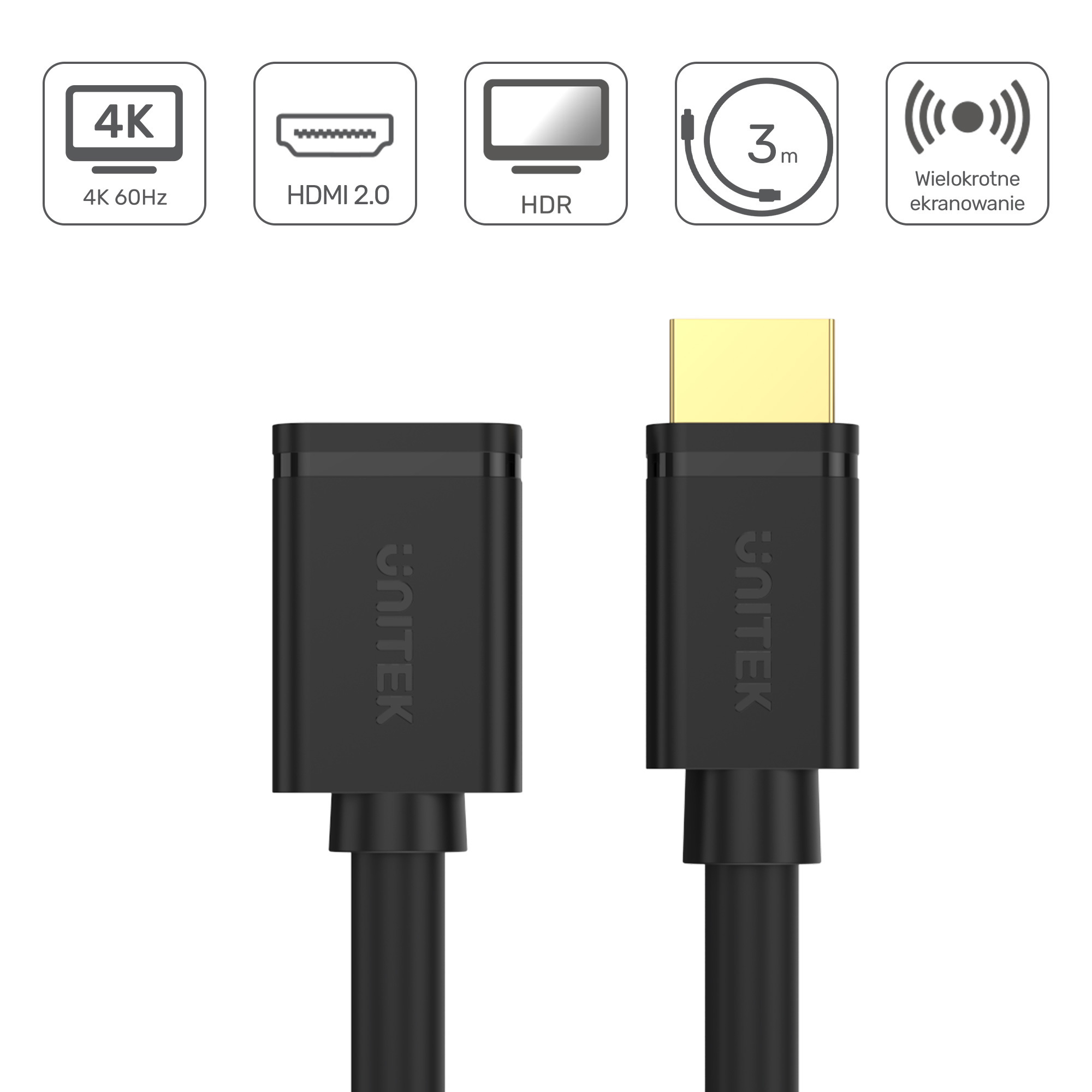 Kabel przedłużacz HDMI męski do HDMI żeński 2.0 Unitek 3m - czarny (Y-C166K)