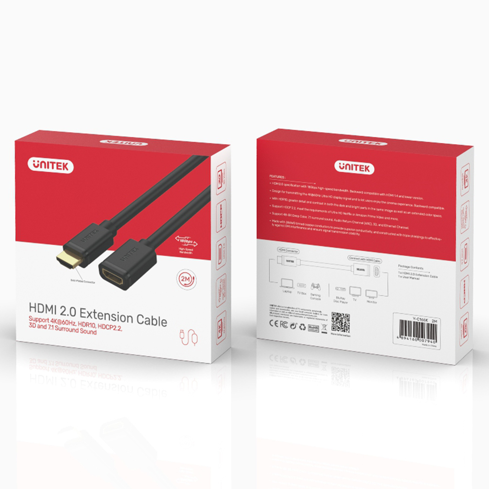 Kabel przedłużacz HDMI męski do HDMI żeński 2.0 Unitek 2m - czarny (Y-C165K)