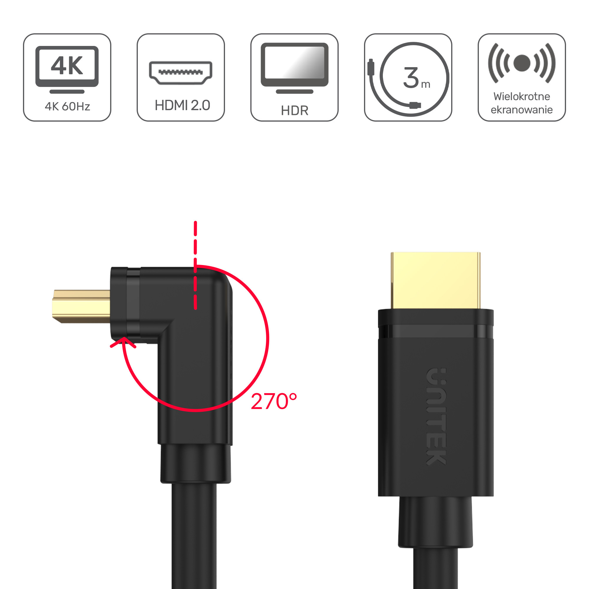 Kabel HDMI 2.0 Unitek kątowy 270 3m Y-C1009 Kabel HDMI 2.0 Unitek kątowy 270 3m Y-C1009
