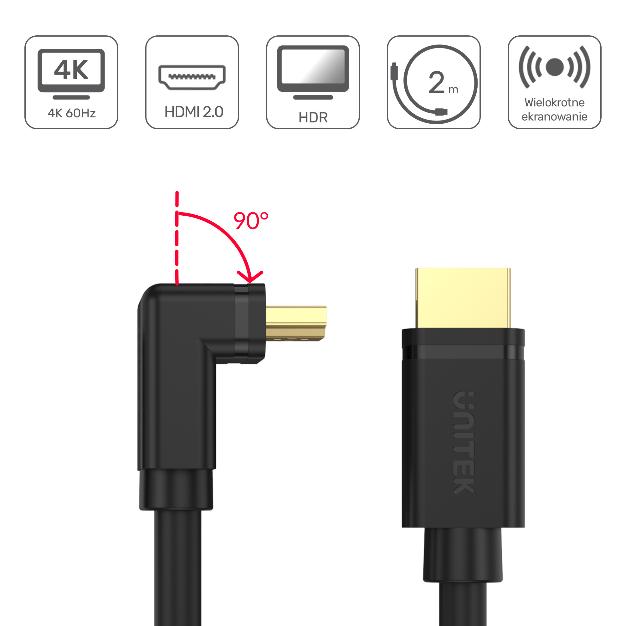 Kabel HDMI 2.0 Unitek kątowy 90 stopni 4K 2 m (Y-C1001) Kabel HDMI 2.0 Unitek kątowy 90 stopni 4K 2 m (Y-C1001)