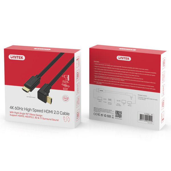 Zdjęcie produktu: Kabel HDMI 2.0 Unitek kątowy 90 3m (Y-C1002) Zdjęcie produktu: Kabel HDMI 2.0 Unitek kątowy 90 3m (Y-C1002)