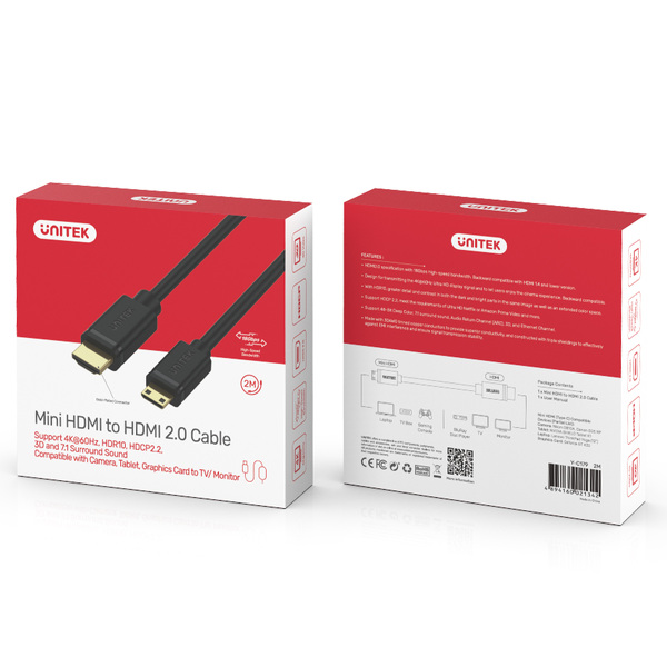 Zdjęcie produktu: Kabel mini HDMI - HDMI 2.0 Unitek 4K 60Hz 2 m (Y-C179)