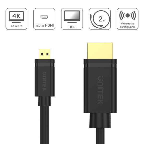 Zdjęcie produktu: Kabel micro HDMI - HDMI 2.0 Unitek 4K 60Hz 2 m (Y-C182)