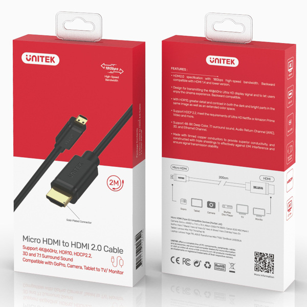 Zdjęcie produktu: Kabel micro HDMI - HDMI 2.0 Unitek 4K 60Hz 2 m (Y-C182)