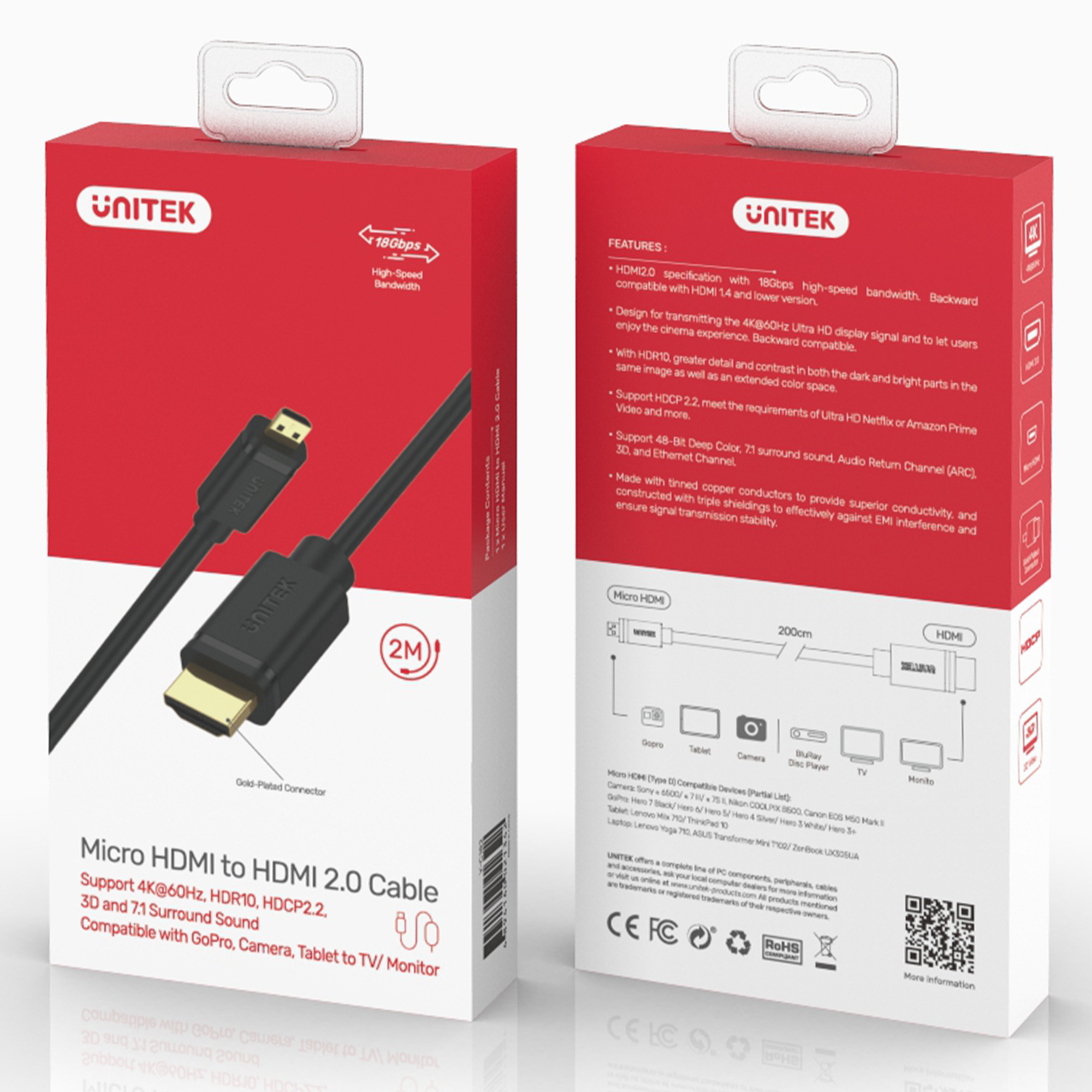 Kabel micro HDMI - HDMI 2.0 Unitek 4K 60Hz 2 m (Y-C182)