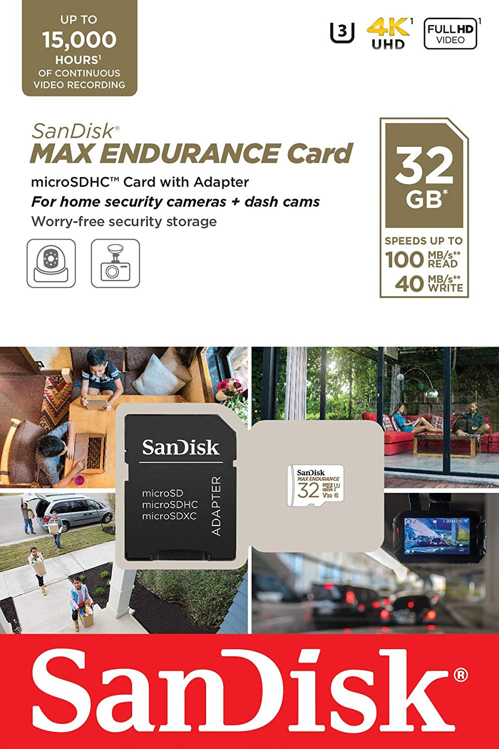 Karta SanDisk Max Endurance (rejestratory i monitoring) microSDHC 32GB 100/40 MB/s V30 + Adapter SD (SDSQQVR-032G-GN6IA)