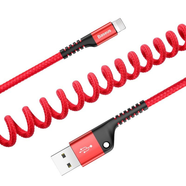 Zdjęcie produktu: Kabel przewód USB - Lightning / iPhone 100cm Baseus Spring sprężynowy 2A - czerwony (CALSR-09)