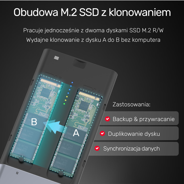 Zdjęcie produktu: Obudowa zewnętrzna na dysk SSD 2x M.2 (PCIe / NVMe) Unitek USB 3.2 Gen2 USB TYP-C (S1206A)