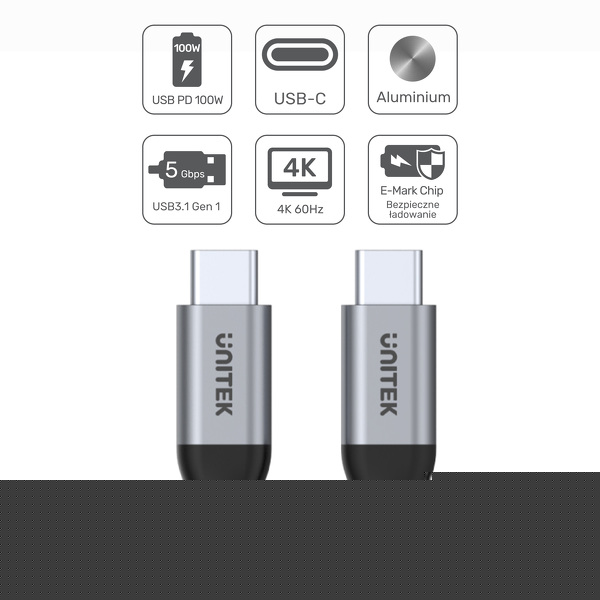 Zdjęcie produktu: Unitek Przewód USB Typ-C do USB Typ-C 2m 5Gbps 4K 60Hz 20V/2A