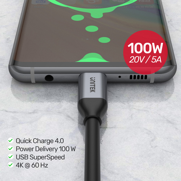 Zdjęcie produktu: Unitek Przewód USB Typ-C do USB Typ-C 2m 5Gbps 4K 60Hz 20V/2A