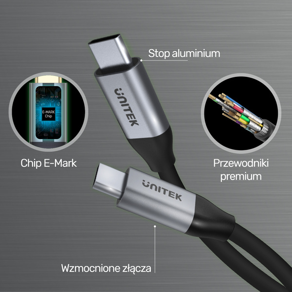 Zdjęcie produktu: Unitek Przewód USB Typ-C do USB Typ-C 2m 5Gbps 4K 60Hz 20V/2A