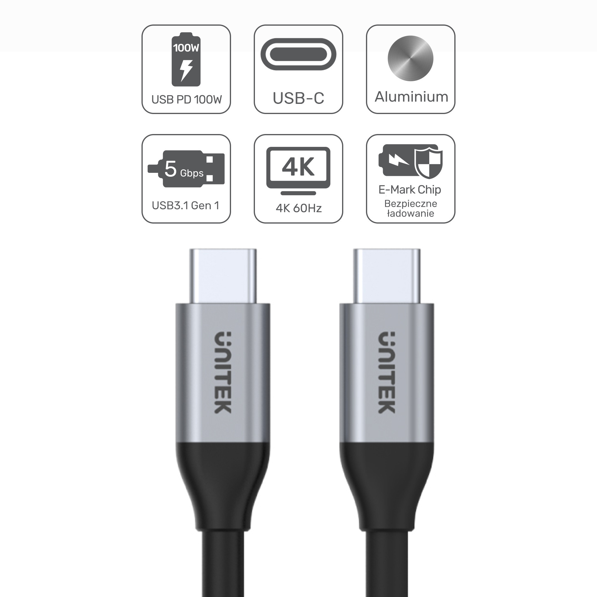 Unitek Przewód USB Typ-C do USB Typ-C 2m 5Gbps 4K 60Hz 20V/2A