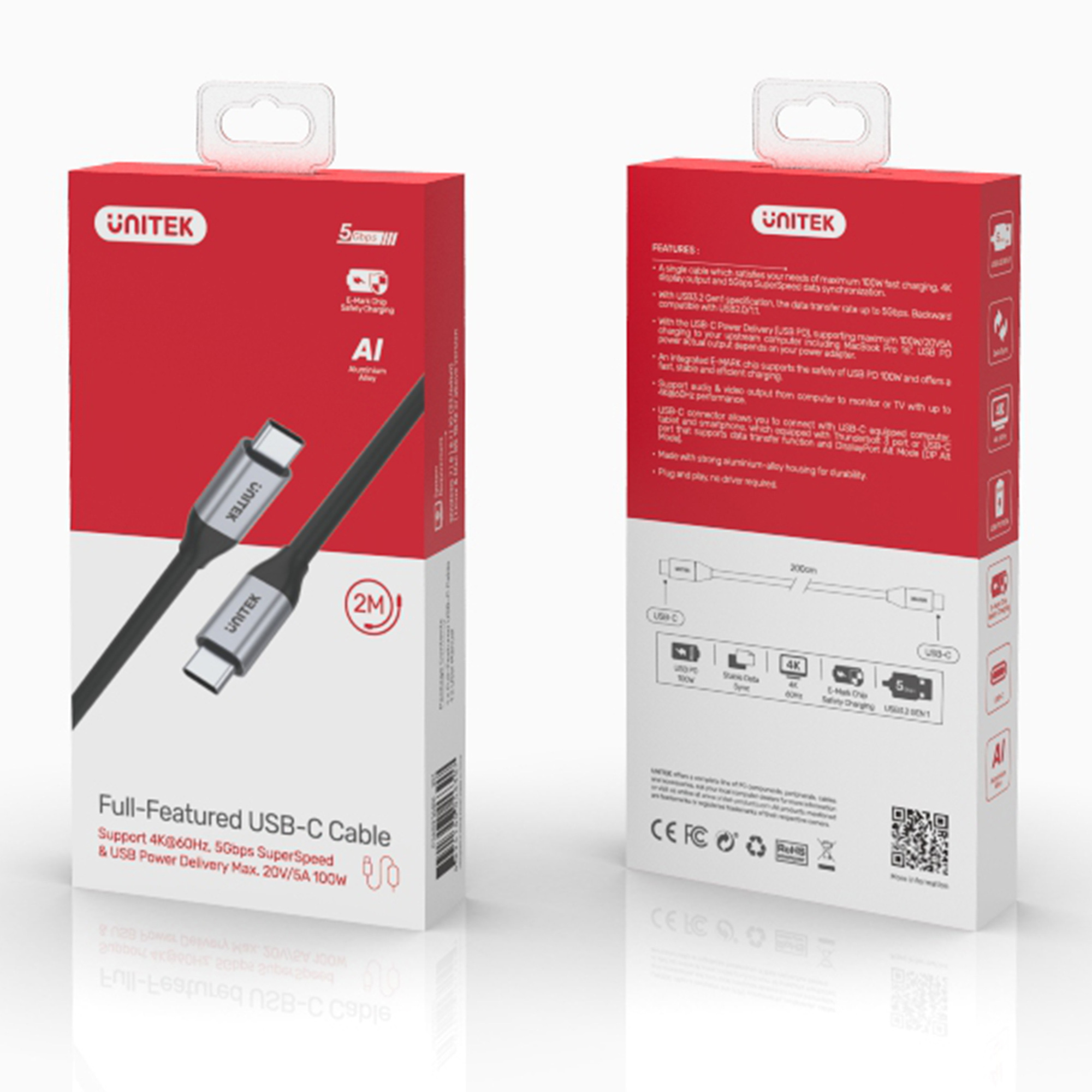Unitek Przewód USB Typ-C do USB Typ-C 2m 5Gbps 4K 60Hz 20V/2A