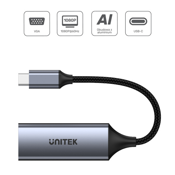 Zdjęcie produktu: Unitek Adapter USB Typ-C na VGA FullHD aluminiowy 15 cm (V1413A) Zdjęcie produktu: Unitek Adapter USB Typ-C na VGA FullHD aluminiowy 15 cm (V1413A)