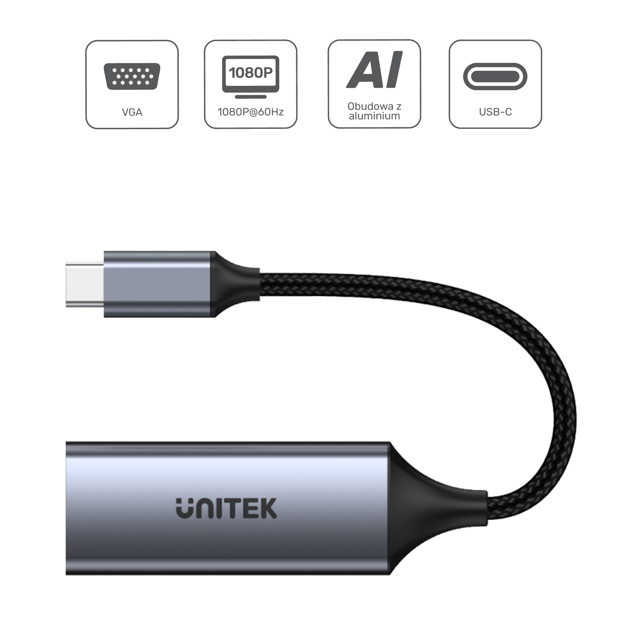 Unitek Adapter USB Typ-C na VGA FullHD aluminiowy 15 cm (V1413A) Unitek Adapter USB Typ-C na VGA FullHD aluminiowy 15 cm (V1413A)
