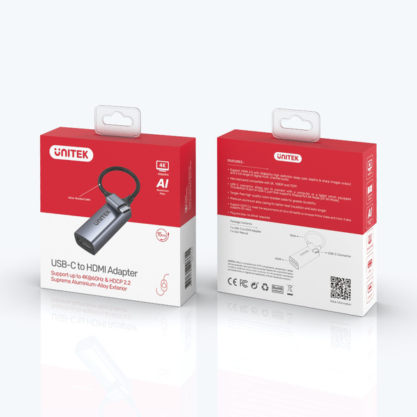 Zdjęcie produktu: Unitek Adapter USB Typ-C na HDMI 2.0 4K@60Hz aluminiowy 15 cm (V1412A)