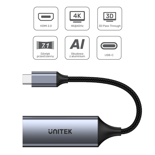 Zdjęcie produktu: Unitek Adapter USB Typ-C na HDMI 2.0 4K@60Hz aluminiowy 15 cm (V1412A)