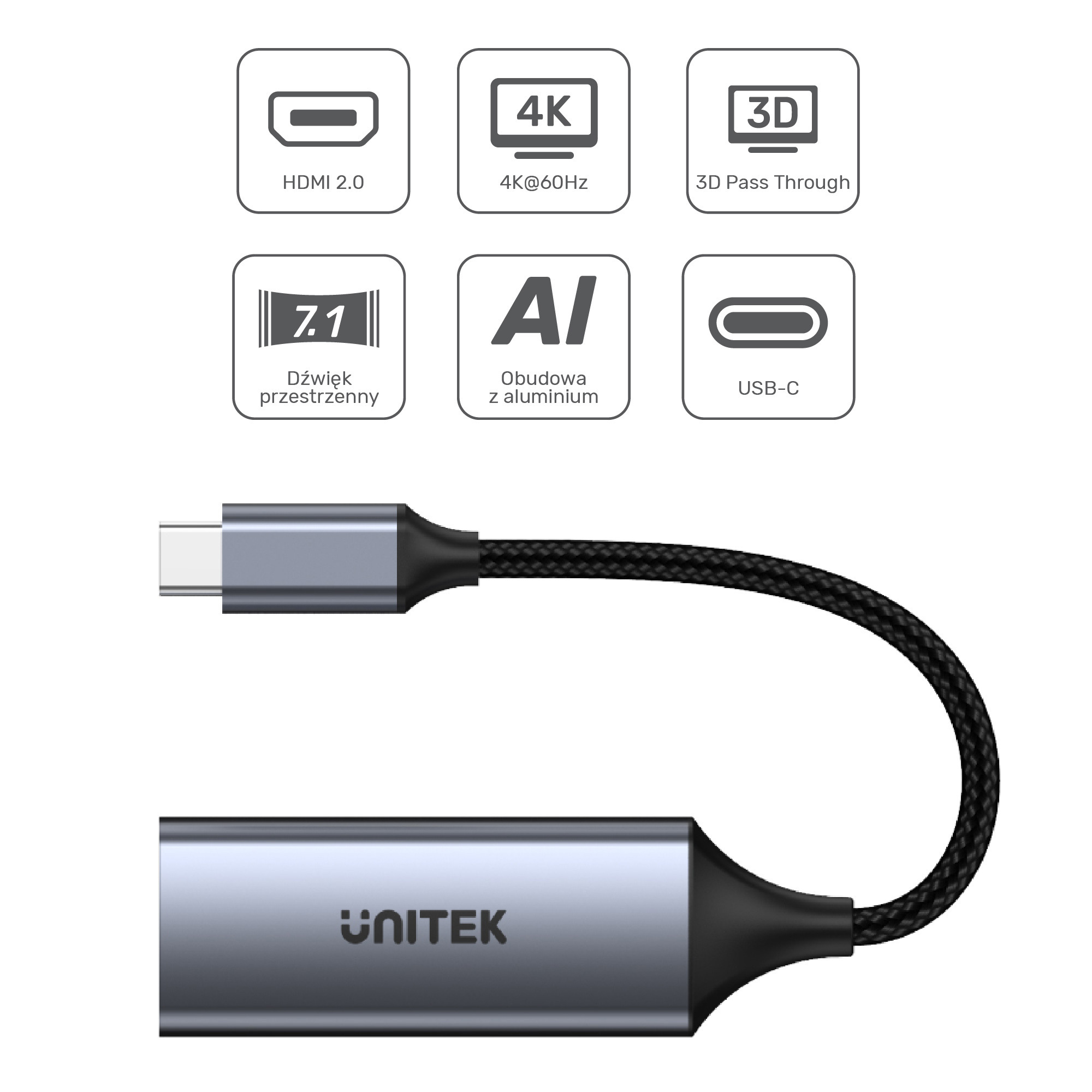 Unitek Adapter USB Typ-C na HDMI 2.0 4K@60Hz aluminiowy 15 cm (V1412A)
